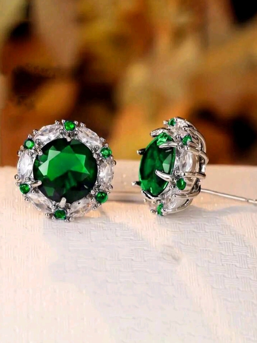 White Rhodium Emerald Halo Stud Earrings
